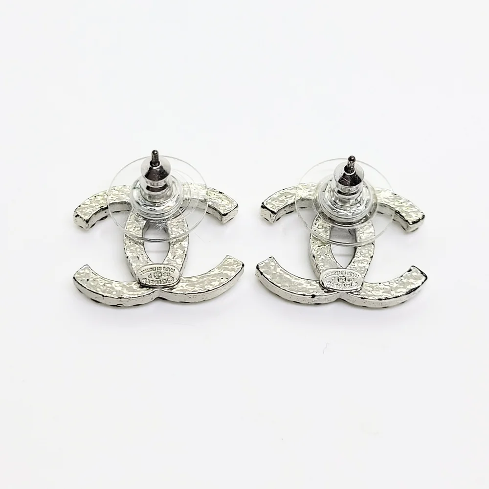 CHANEL Silver Large Crystal CC Classic Earrings